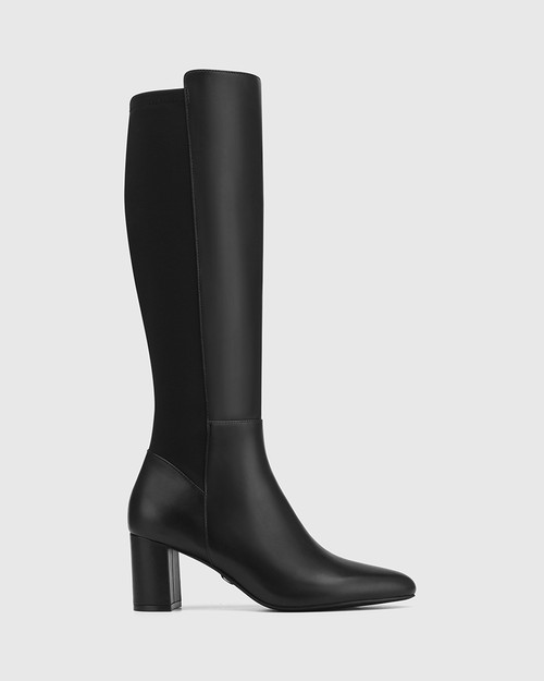 Karrie Black Leather Recycled Textile Block Heel Long Boot