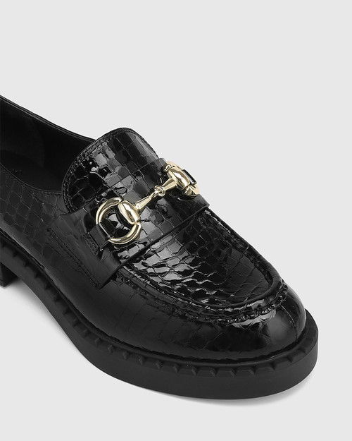 Carsen Black Croc Patent Leather Flat Loafer & Wittner & Wittner Shoes