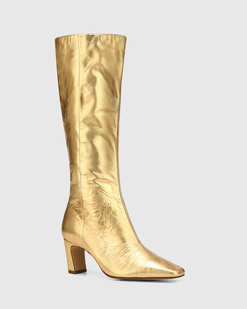 Lavish Gold Metallic Crinkle Leather Block Heel Long Boot & Wittner & Wittner Shoes