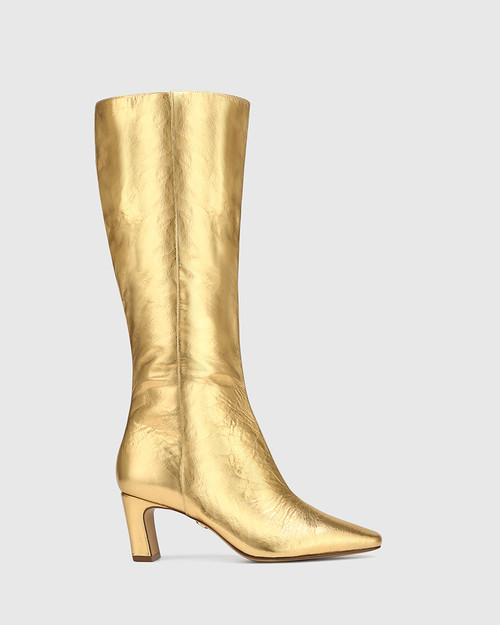 Lavish Gold Metallic Crinkle Leather Block Heel Long Boot & Wittner & Wittner Shoes