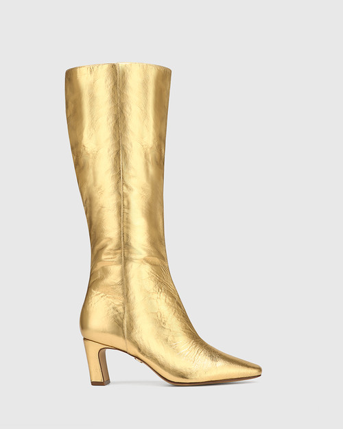 Lavish Gold Metallic Crinkle Leather Block Heel Long Boot & Wittner & Wittner Shoes