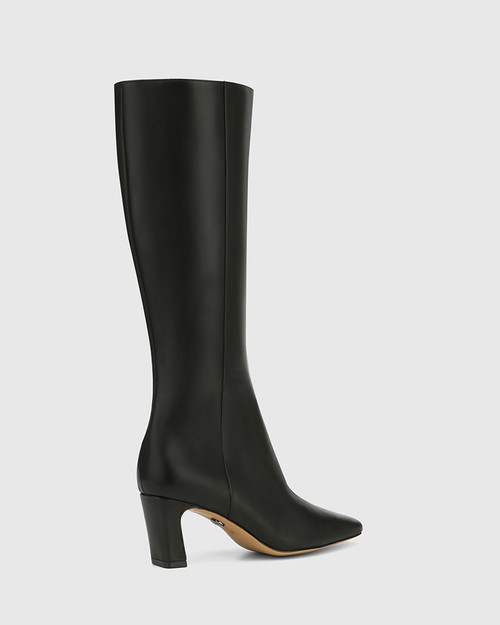 Lavish Black Leather Block Heel Long Boot