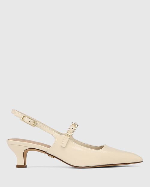Harendra Vintage Ivory Crinkle Patent Leather Kitten Heel 