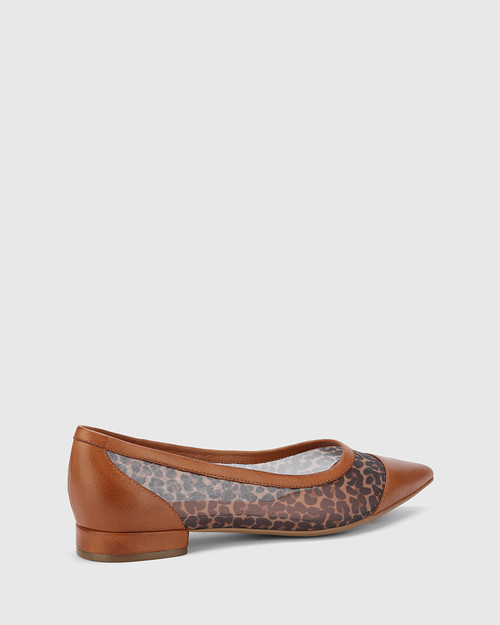 Marta Dark Cognac Leopard Print Leather & Mesh Pointed Toe Flat. & Wittner & Wittner Shoes