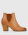 Kessie Tan Leather Round Toe Stack Heel Ankle Boot. 