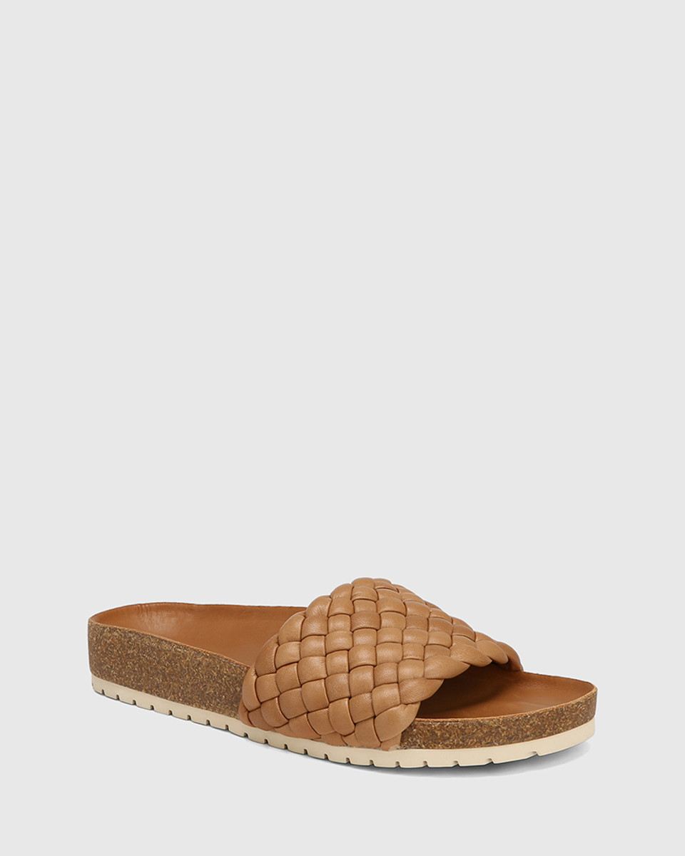 Artica Tan Woven Leather Flat Slide