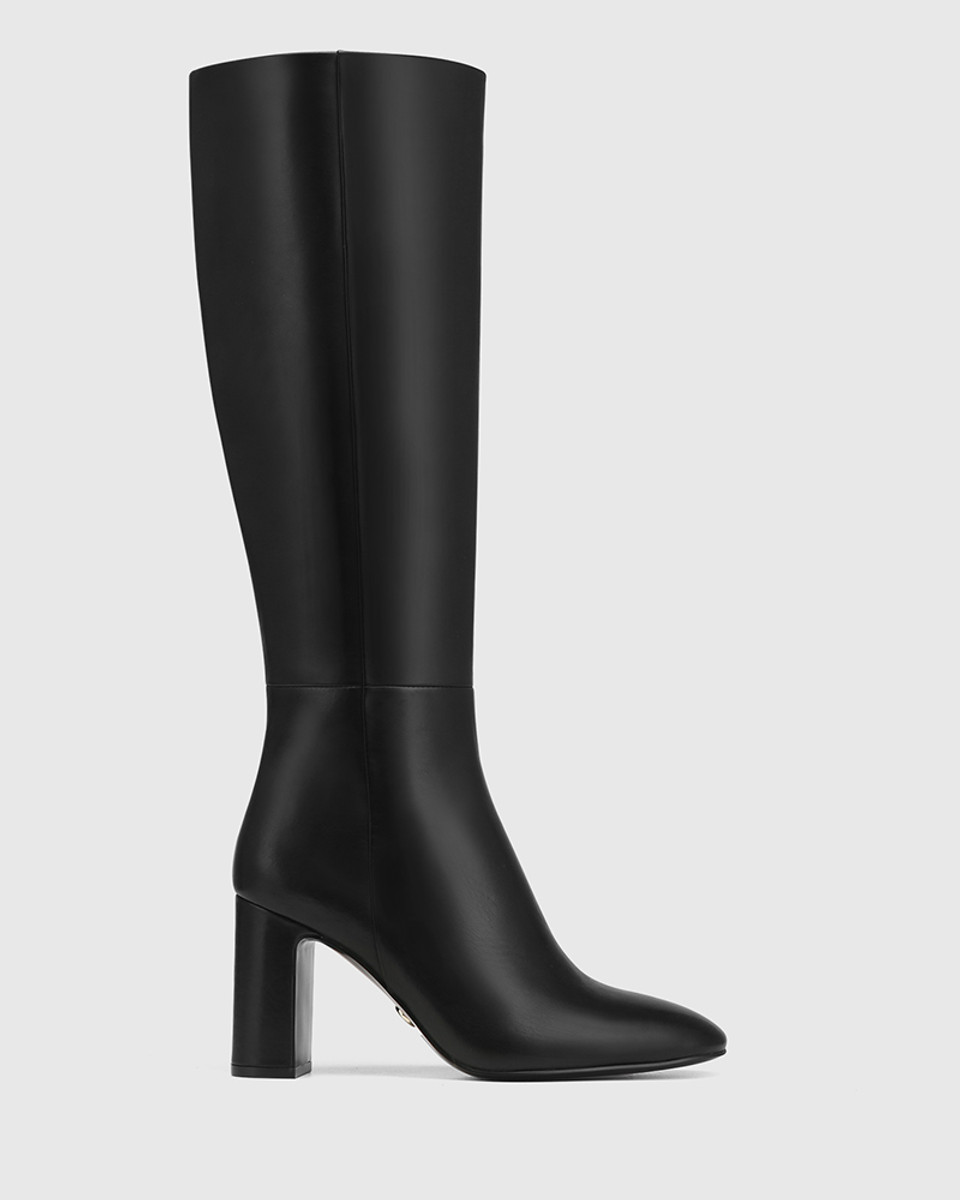 Perdita Black Leather Block Heel Long Boot