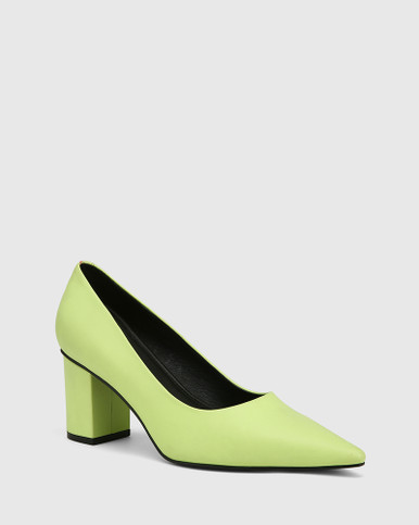 Penrose Fluro Green Leather Block Heel Pump