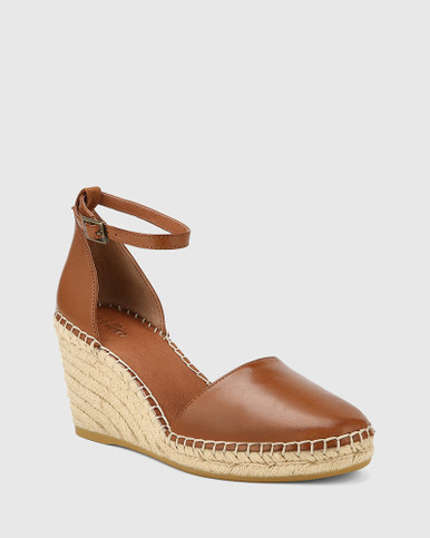 Zaylee Dark Cognac Leather Wedge Heel Espadrille Sandal