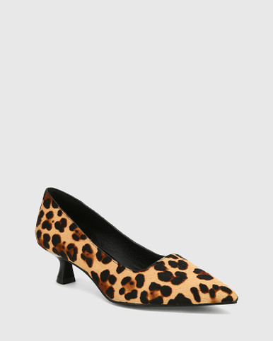 leopard low heel pumps