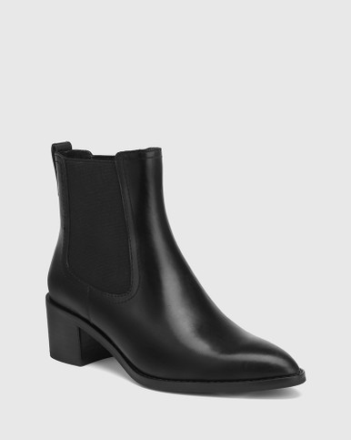 Jenae Black Leather Elastic Gusset Ankle Boot
