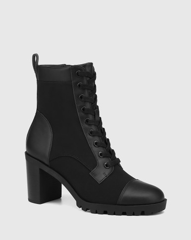 Peter Black Leather and Nylon Block Heel Lace Up Ankle Boot