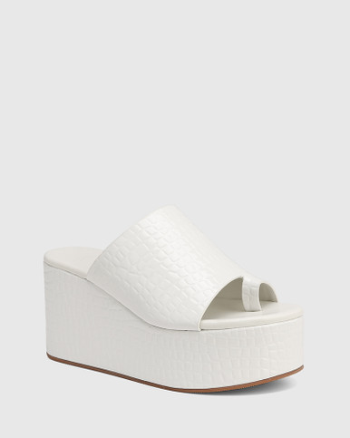 Stacey White Mini Croc-Embossed Patent Flatform Slide