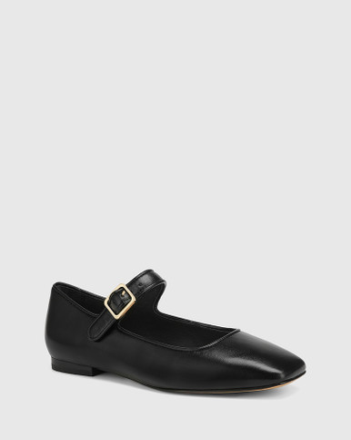 Alise Black Low Sheen Leather Flat Mary Jane