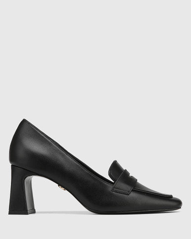 Odelle Black Leather Block Heel Loafer