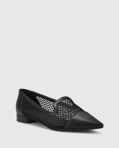 Melodie Black Leather & Mesh Pointed Toe Flat.