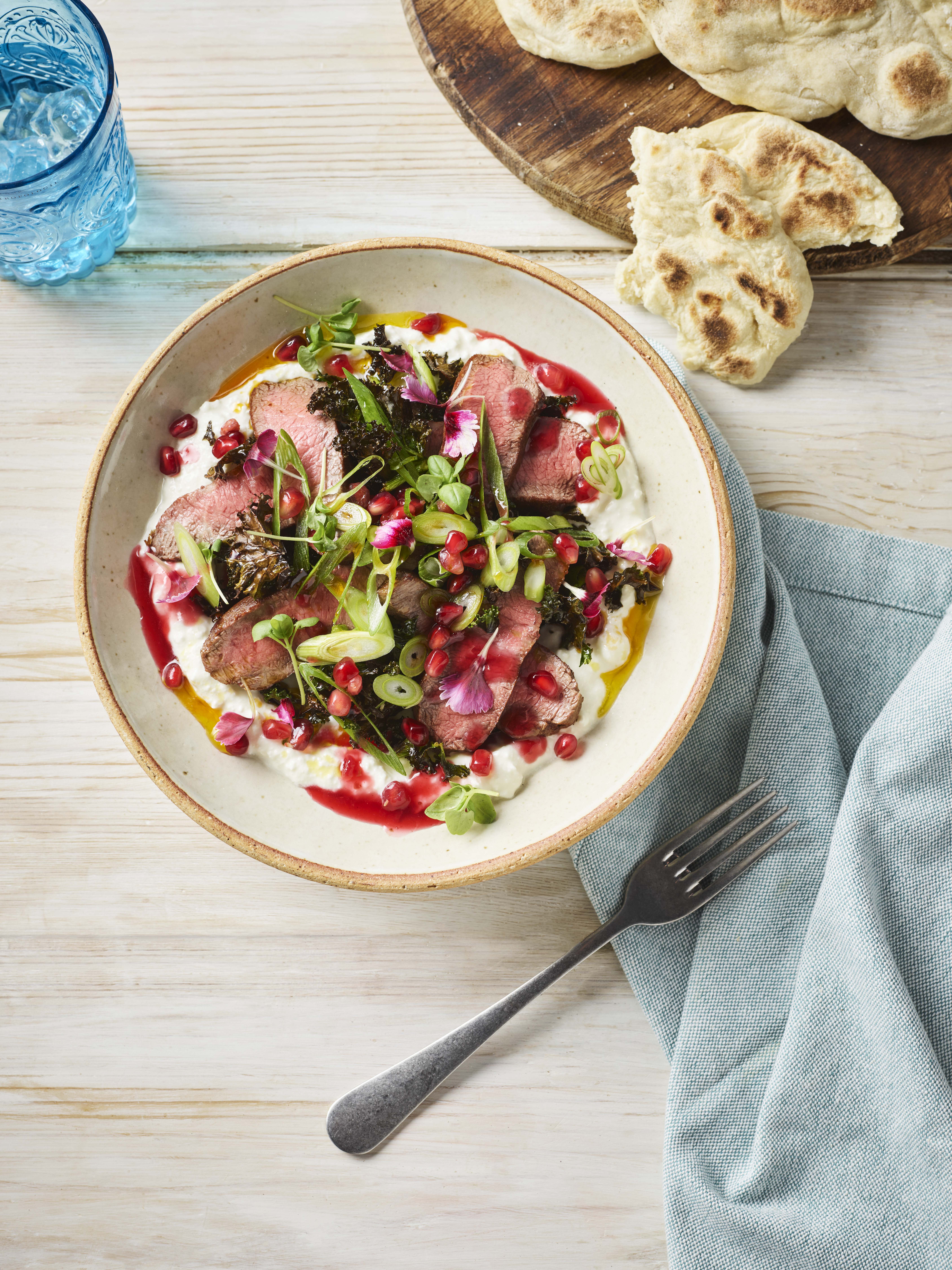 Wagyu Sirloin, Pomegranate, Kale and Whipped Feta Salad - Warrendale Wagyu