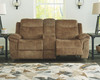 Huddle-Up Nutmeg Reclining Sofa with Drop Down Table & Double Reclining Loveseat with Console