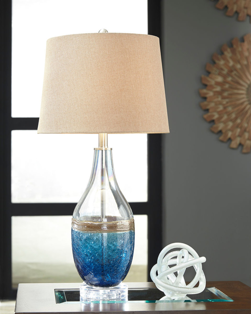 The Johanna Blue/Clear Glass Table Lamp available at Rose Brothers