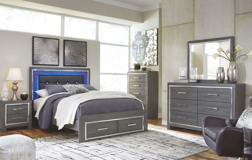 Lodanna Gray 7 Pc. Dresser, Mirror, Queen Panel Bed with Storage & 2 Nightstands