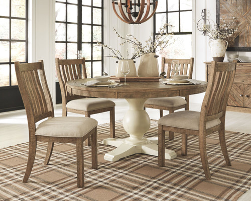 Grindleburg Light Brown 7 Pc. Round Table Top, 4 UPH Side Chairs & Server