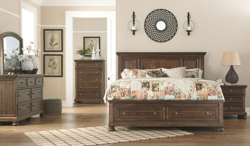 Flynnter Medium Brown 6 Pc. Dresser, Mirror, Chest & California King Panel Bed with Storage