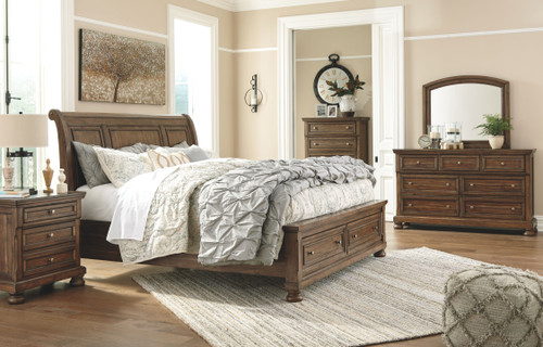 Flynnter Medium Brown 6 Pc. Dresser, Mirror, California King Sleigh Bed with Storage & Nightstand