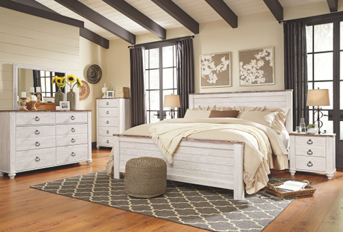 Willowton Whitewash 8 Pc. Dresser, Mirror, Chest, California King Panel Bed & 2 Nightstands