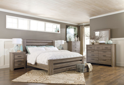 Zelen Warm Gray 5 Pc. Dresser, Mirror & King Poster Bed