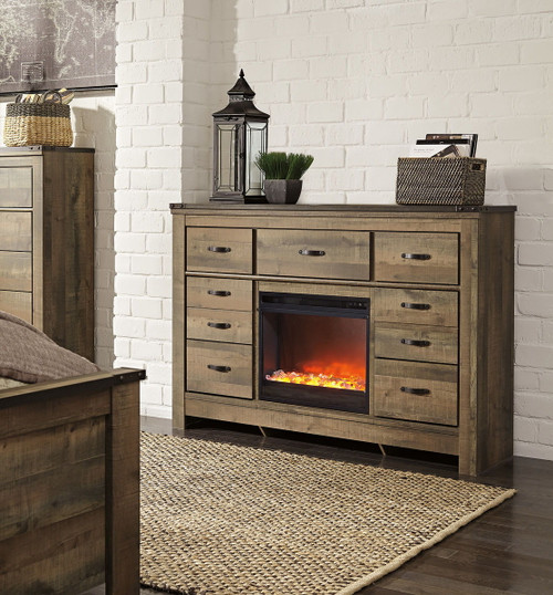 Trinell Brown Dresser With Glass/Stone Fireplace Insert