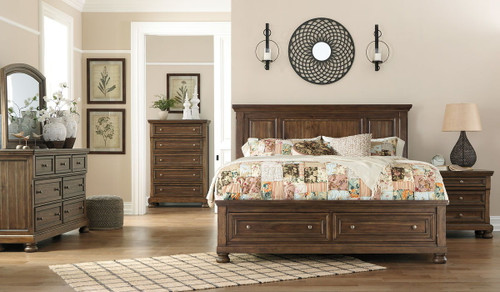 Flynnter Medium Brown 6 Pc. Dresser, Mirror, Chest & King Panel Bed with Storage