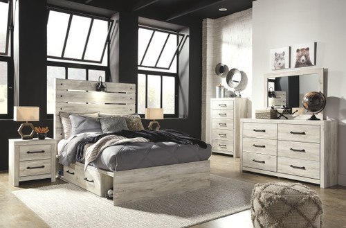 Cambeck Whitewash 8 Pc. Dresser, Mirror, Full Panel Bed with Side Storage & 2 Nightstands