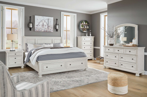 Robbinsdale Antique White 7 Pc. Dresser, Mirror, Queen Sleigh Bed with 2 Storage Drawers, 2 Nightstands