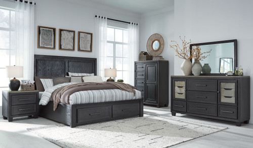 Foyland Black / Brown 6 Pc. Dresser, Mirror, Door Chest, Queen Panel Storage Bed