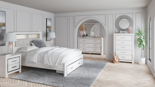 Altyra White King Upholstered Bookcase Bed With Storage 9 Pc. Dresser, Mirror, Chest, King Bed, 2 Nightstands