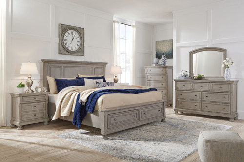 Lettner Light Gray King Panel Storage Bed 8 Pc. Dresser, Mirror, Chest, King Bed, 2 Nightstands