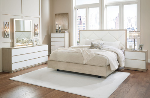 Wendora Bisque / White California King Upholstered Bed 4 Pc. Dresser, Mirror, Cal King Bed