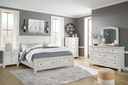 Robbinsdale Antique White 6 Pc. Dresser, Mirror, Chest, King Panel Storage Bed