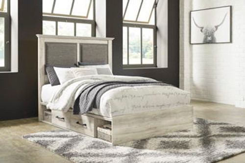 Cambeck Whitewash King Upholstered Panel Bed With 2 Side Under Bed Storage