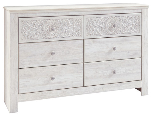 Paxberry Whitewash Six Drawer Dresser Medallion Drawer Pulls