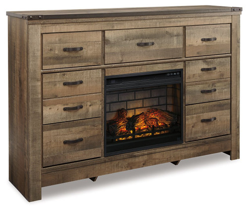 Trinell Brown Dresser With Faux Firebrick Fireplace Insert