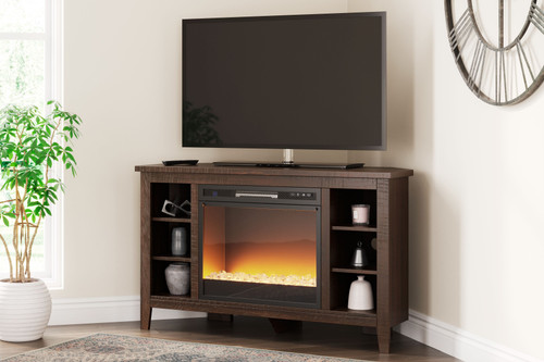 Camiburg Warm Brown Corner TV Stand With Fireplace Insert Glass/Stone
