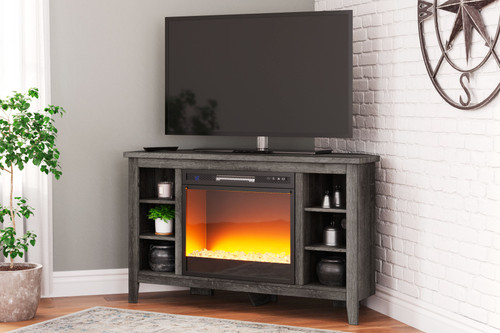 The Arlenbry Gray Corner TV Stand With Faux Firebrick Fireplace