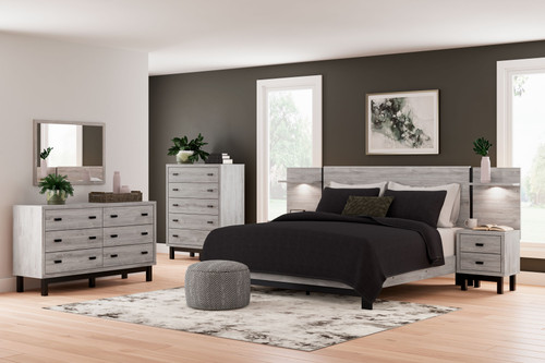 Vessalli Gray 8 Pc. Dresser, Mirror, King Panel Bed With Extensions, 2 Nightstands