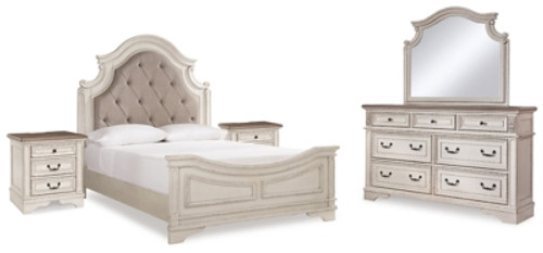 Realyn Queen Upholstered Panel Bed, Dresser, Mirror and 2 Nightstands (B743B56)