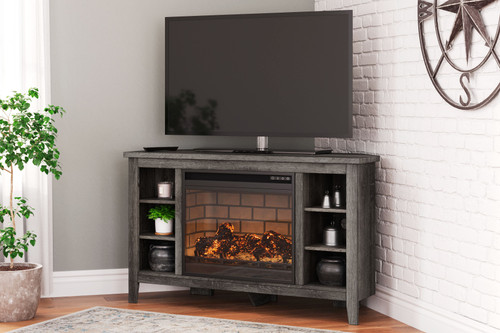 The Arlenbry Gray Corner TV Stand With Faux Firebrick Fireplace