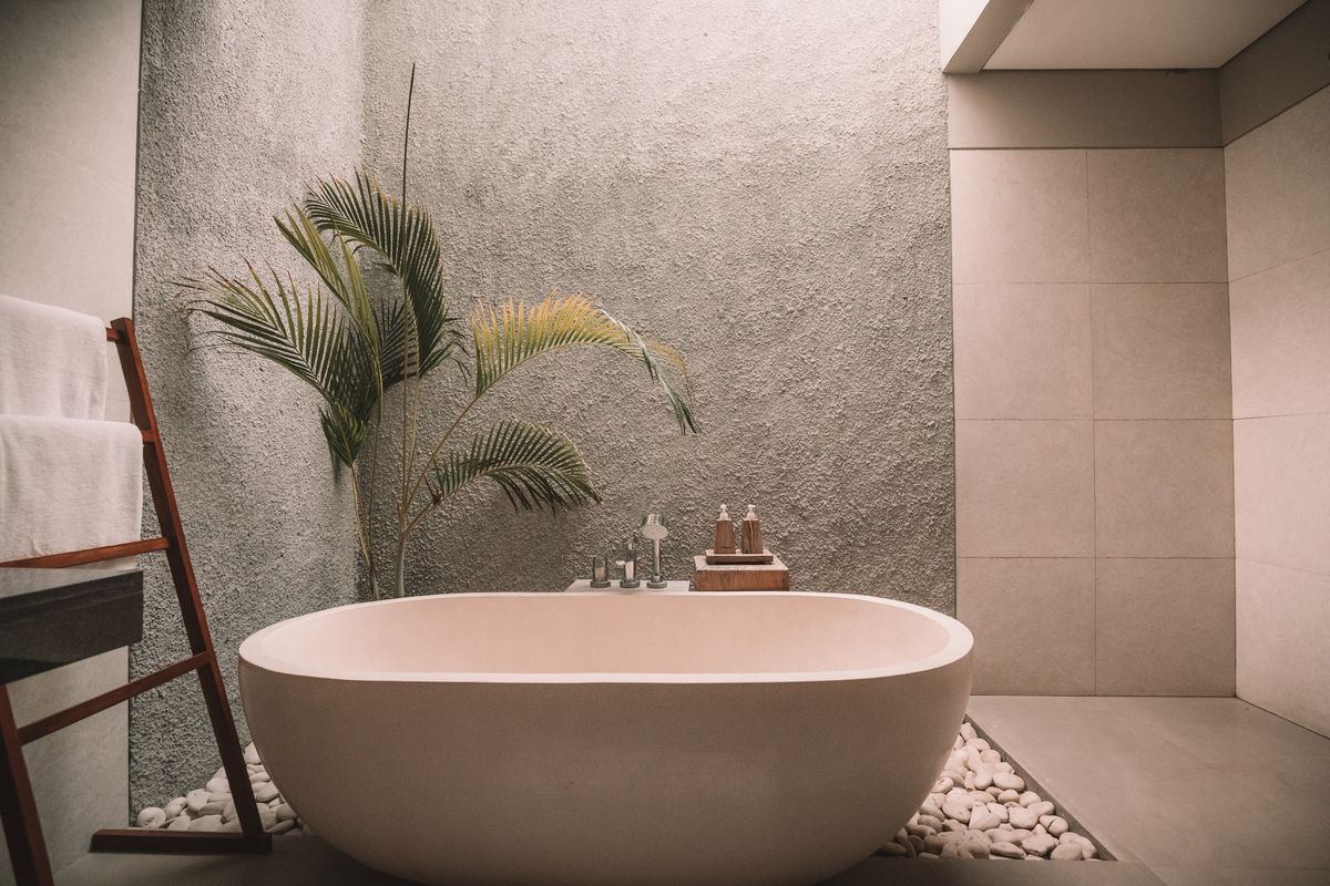 Ceramic bathtub in a spa-like setting