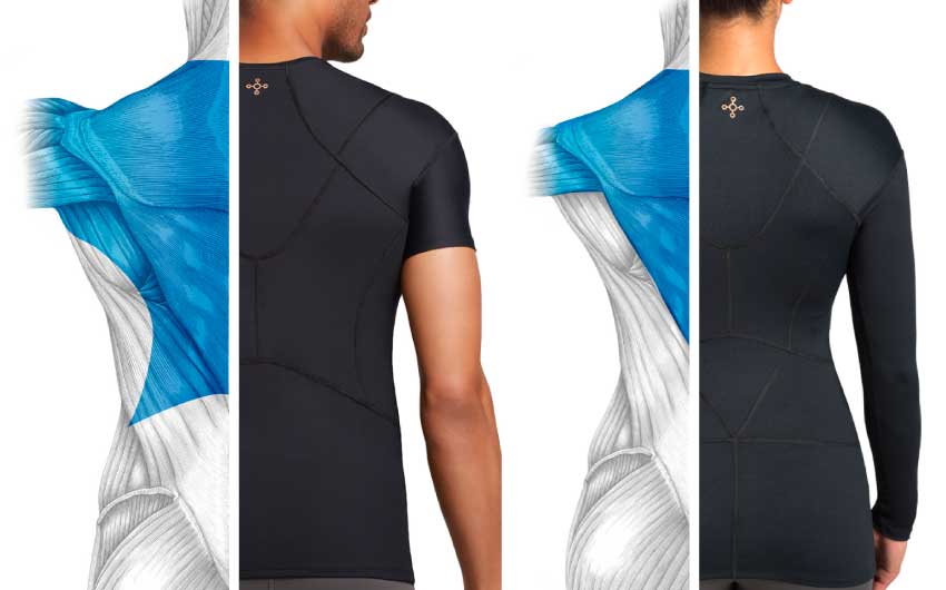 Illustrations of a man and a woman wearing Shoulder Support Shirts showing the muscles.