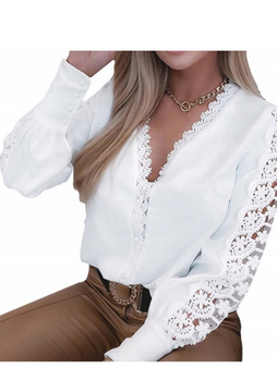 Women's Blouse Solid V-neck Contrast Lace Long Sleeve Fall Winter Blouse