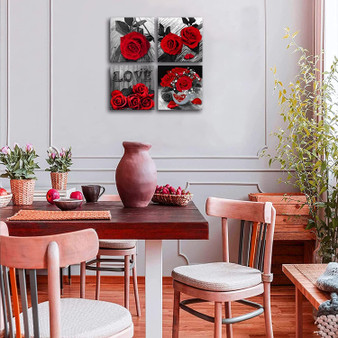 Canvas Wall Art Red Rose Painting Bathroom Accessories,Black and White Wall Art Flower Pictures Canvas Print Artwork for Living Room Bedroom Home Decorations 4 Pieces(D0102HPU3PY.)
